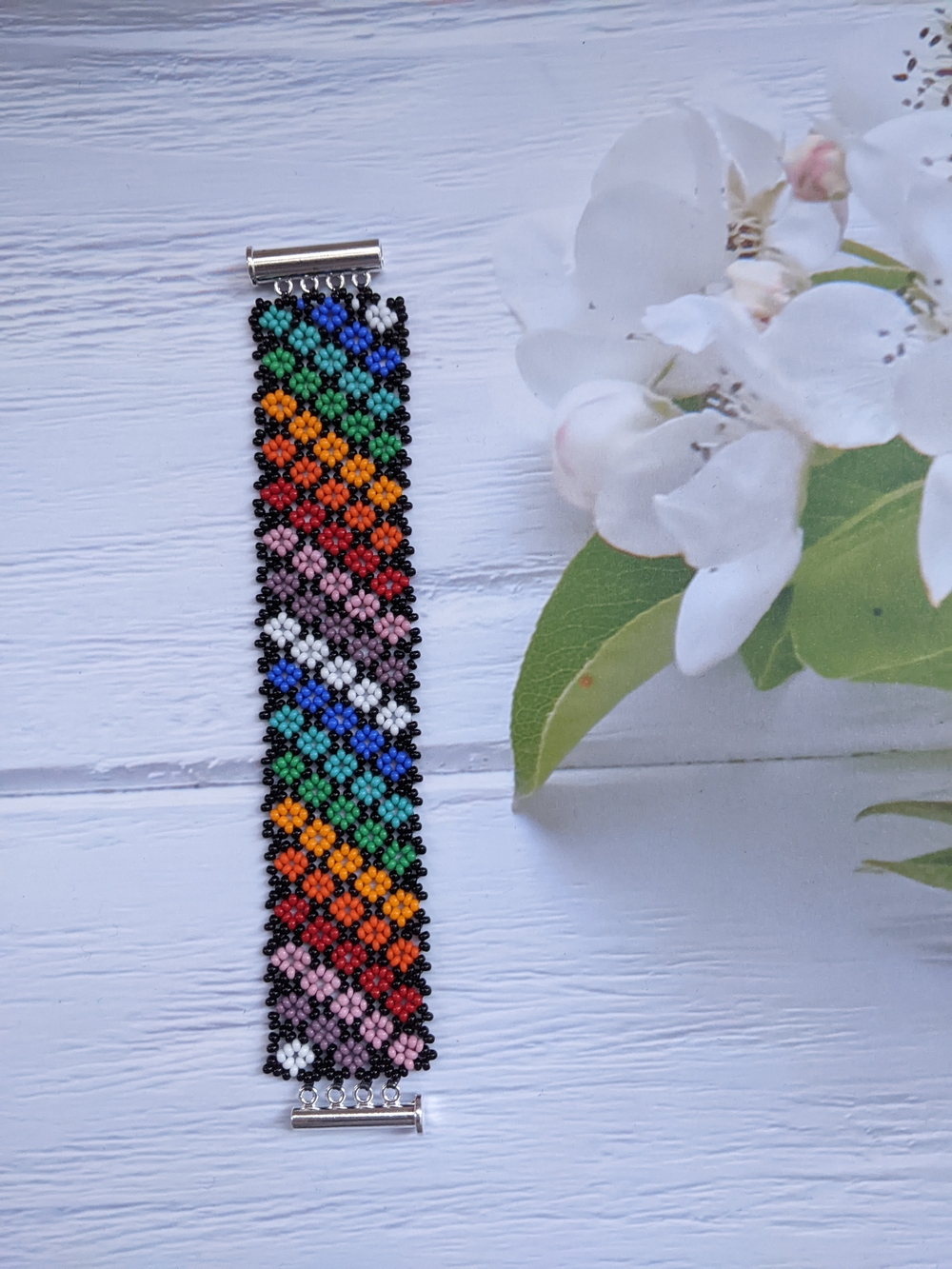 Handmade Multicolor Beaded Bracelet with Black Accents